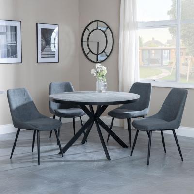 Bronx Grey Concrete Effect 4 Seater Round Dining Set With Spider Legs 4 Darwin Grey Fabric Dining Chair