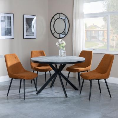 Bronx Grey Concrete Effect 4 Seater Round Dining Set With Spider Legs 4 Darwin Orange Fabric Dining Chair