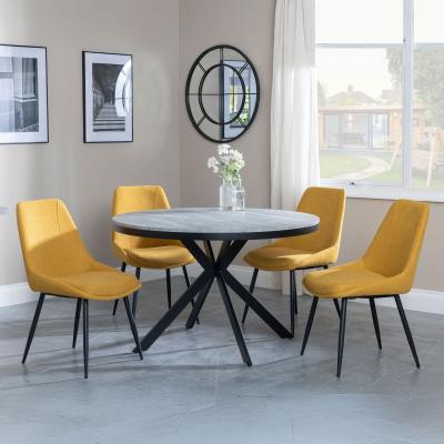 Bronx Grey Concrete Effect 4 Seater Round Dining Set With Spider Legs 4 Darwin Yellow Fabric Dining Chair