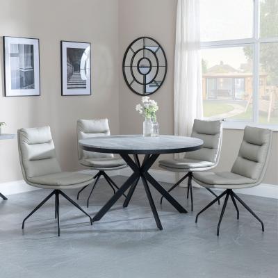 Bronx Grey Concrete Effect 4 Seater Round Dining Set With Spider Legs 4 Diego Beige Leather Swivel Dining Chair