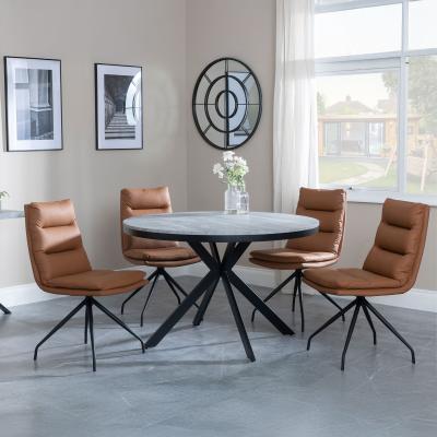 Bronx Grey Concrete Effect 4 Seater Round Dining Set With Spider Legs 4 Diego Brown Leather Swivel Dining Chair