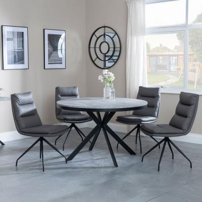 Bronx Grey Concrete Effect 4 Seater Round Dining Set With Spider Legs 4 Diego Grey Leather Swivel Dining Chair