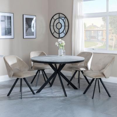 Bronx Grey Concrete Effect 4 Seater Round Dining Set With Spider Legs 4 Ion Beige Velvet Fabric Swivel Dining Chair