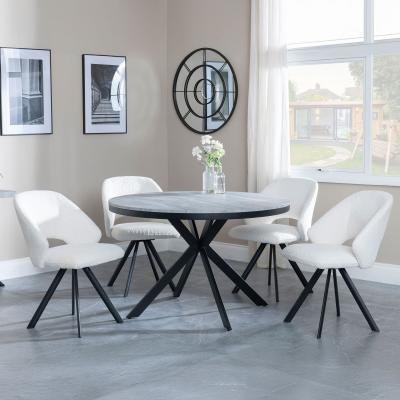 Bronx Grey Concrete Effect 4 Seater Round Dining Set With Spider Legs 4 Ion Cream Boucle Teddy Fabric Swivel Dining Chair