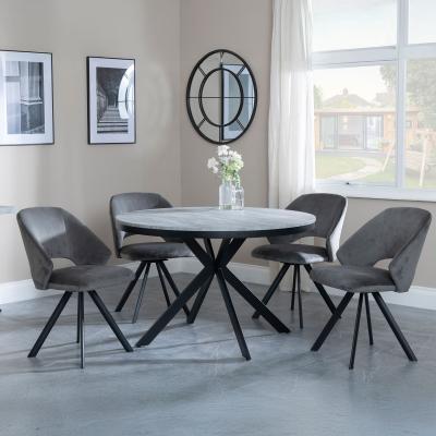 Bronx Grey Concrete Effect 4 Seater Round Dining Set With Spider Legs 4 Ion Dark Grey Velvet Fabric Swivel Dining Chair