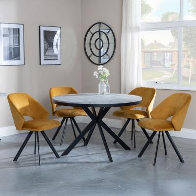 Bronx Grey Concrete Effect 4 Seater Round Dining Set With Spider Legs 4 Ion Mustard Velvet Fabric Swivel Dining Chair