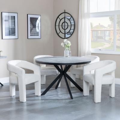 Bronx Grey Concrete Effect 4 Seater Round Dining Set With Spider Legs 4 Kiefer Cream Boucle Fabric Dining Chair