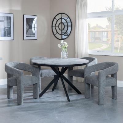 Bronx Grey Concrete Effect 4 Seater Round Dining Set With Spider Legs 4 Kiefer Grey Boucle Fabric Dining Chair