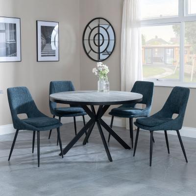Product photograph of Ezra Grey Concrete Effect 4 Seater Round Dining Set With Spider Legs - 4 Peyton Blue Fabric Dining Chair from Choice Furniture Superstore