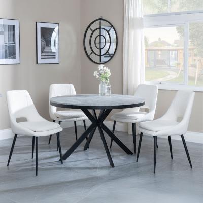 Bronx Grey Concrete Effect 4 Seater Round Dining Set With Spider Legs 4 Peyton Cream Fabric Dining Chair