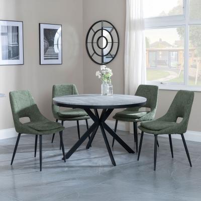 Bronx Grey Concrete Effect 4 Seater Round Dining Set With Spider Legs 4 Peyton Green Fabric Dining Chair