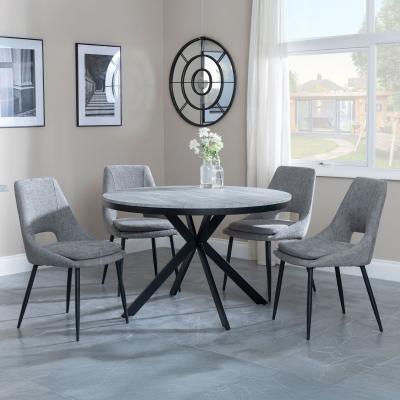 Bronx Grey Concrete Effect 4 Seater Round Dining Set With Spider Legs 4 Peyton Grey Fabric Dining Chair