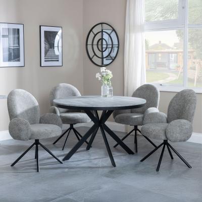 Bronx Grey Concrete Effect 4 Seater Round Dining Set With Spider Legs 4 Theo Dark Grey Fabric Swivel Dining Chair