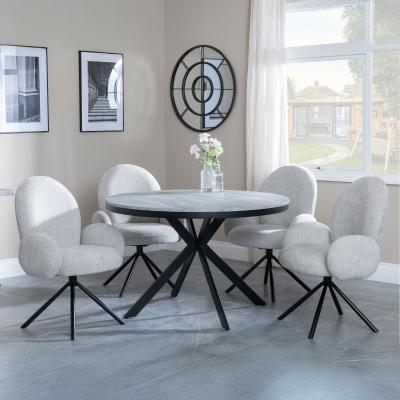 Bronx Grey Concrete Effect 4 Seater Round Dining Set With Spider Legs 4 Theo Grey Fabric Swivel Dining Chair