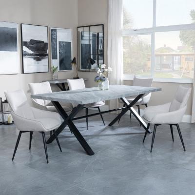 Bronx Grey Concrete Effect Dining Set With Cross Legs Ace Beige Fabric Swivel Dining Chair