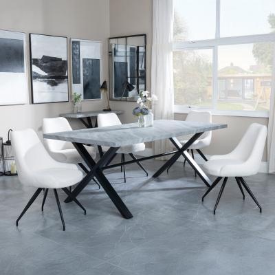 Bronx Grey Concrete Effect Dining Set With Cross Legs Arctic Cream Velvet Fabric Swivel Dining Chair