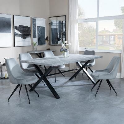 Bronx Grey Concrete Effect Dining Set With Cross Legs Arctic Grey Velvet Fabric Swivel Dining Chair