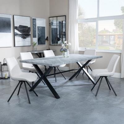 Bronx Grey Concrete Effect Dining Set With Cross Legs Boden Cream Fabric Swivel Dining Chair