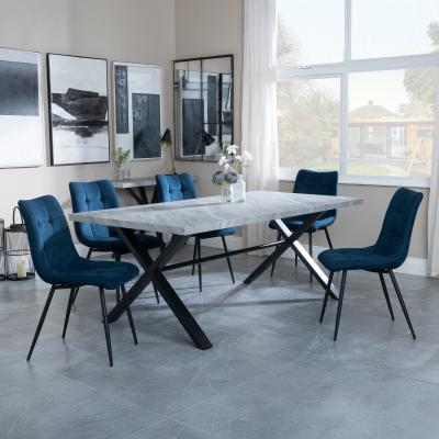 Bronx Grey Concrete Effect Dining Set With Cross Legs Corona Blue Fabric Dining Chair