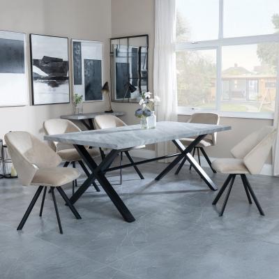 Bronx Grey Concrete Effect Dining Set With Cross Legs Ion Beige Velvet Fabric Swivel Dining Chair