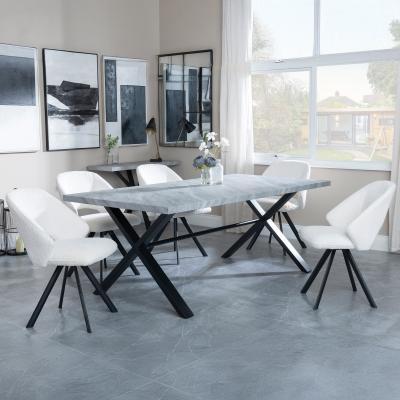 Bronx Grey Concrete Effect Dining Set With Cross Legs Ion Cream Boucle Teddy Fabric Swivel Dining Chair