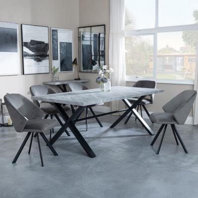 Bronx Grey Concrete Effect Dining Set With Cross Legs Ion Dark Grey Velvet Fabric Swivel Dining Chair