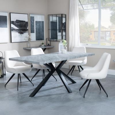 Bronx Grey Concrete Effect Dining Set With Spider Legs Arctic Cream Velvet Fabric Swivel Dining Chair