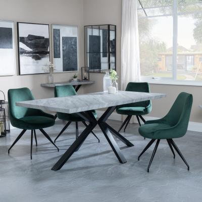 Bronx Grey Concrete Effect Dining Set With Spider Legs Arctic Green Velvet Fabric Swivel Dining Chair