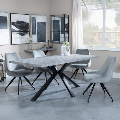 Bronx Grey Concrete Effect Dining Set With Spider Legs Arctic Grey Velvet Fabric Swivel Dining Chair