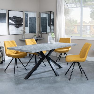 Bronx Grey Concrete Effect Dining Set With Spider Legs Boden Yellow Fabric Swivel Dining Chair