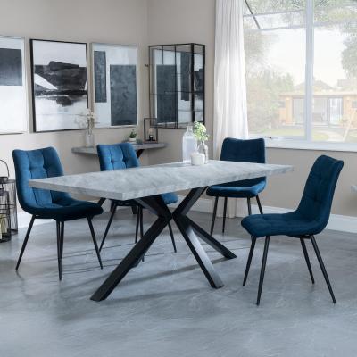 Bronx Grey Concrete Effect Dining Set With Spider Legs Corona Blue Fabric Dining Chair