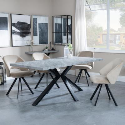 Bronx Grey Concrete Effect Dining Set With Spider Legs Ion Beige Velvet Fabric Swivel Dining Chair