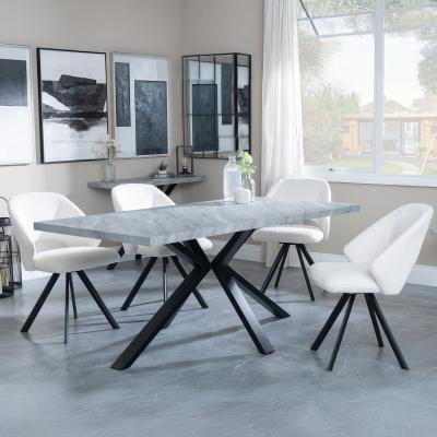 Bronx Grey Concrete Effect Dining Set With Spider Legs Ion Cream Boucle Teddy Fabric Swivel Dining Chair