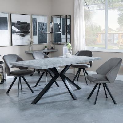 Bronx Grey Concrete Effect Dining Set With Spider Legs Ion Dark Grey Velvet Fabric Swivel Dining Chair