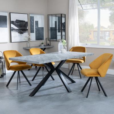 Bronx Grey Concrete Effect Dining Set With Spider Legs Ion Mustard Velvet Fabric Swivel Dining Chair