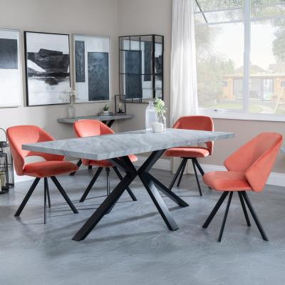 Bronx Grey Concrete Effect Dining Set With Spider Legs Ion Orange Velvet Fabric Swivel Dining Chair