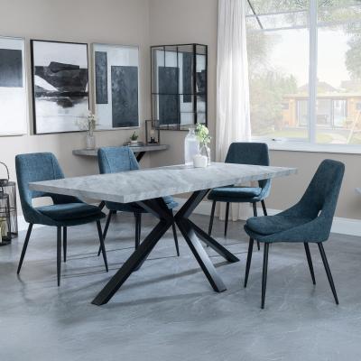 Bronx Grey Concrete Effect Dining Set With Spider Legs Peyton Blue Fabric Dining Chair