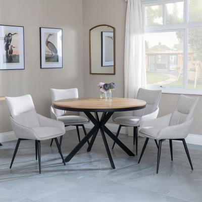 Bronx Industrial Oak Effect 4 Seater Round Dining Set With Spider Legs 4 Ace Beige Fabric Swivel Dining Chair