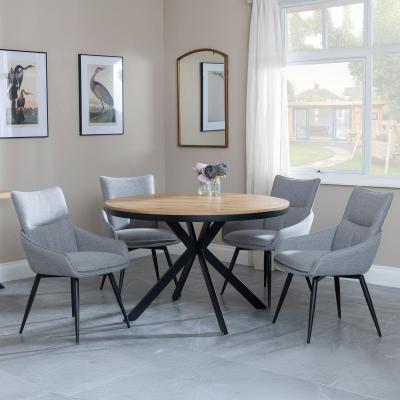 Bronx Industrial Oak Effect 4 Seater Round Dining Set With Spider Legs 4 Ace Grey Fabric Swivel Dining Chair