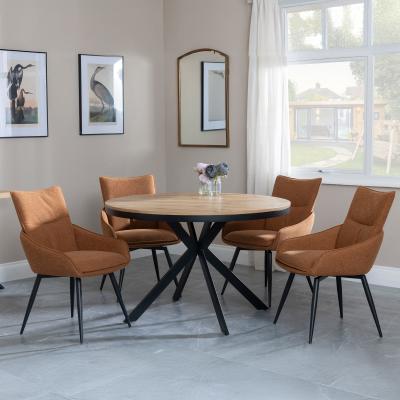 Bronx Industrial Oak Effect 4 Seater Round Dining Set With Spider Legs 4 Ace Orange Fabric Swivel Dining Chair