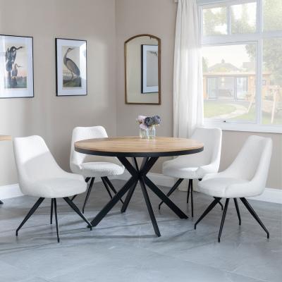 Bronx Industrial Oak Effect 4 Seater Round Dining Set With Spider Legs 4 Arctic Cream Velvet Fabric Swivel Dining Chair