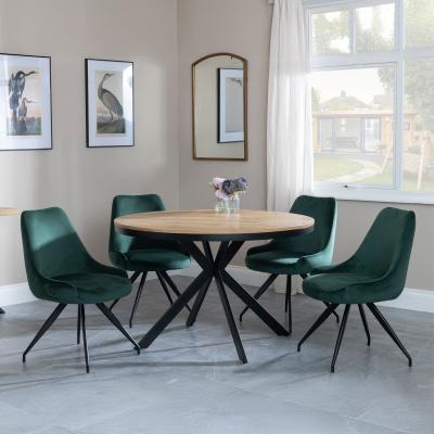 Bronx Industrial Oak Effect 4 Seater Round Dining Set With Spider Legs 4 Arctic Green Velvet Fabric Swivel Dining Chair