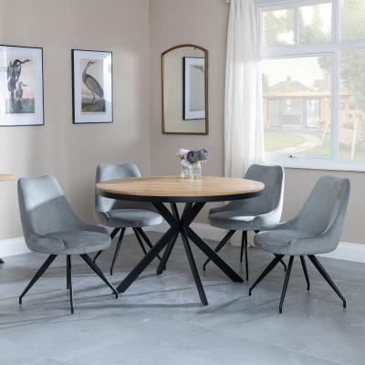 Bronx Industrial Oak Effect 4 Seater Round Dining Set With Spider Legs 4 Arctic Grey Velvet Fabric Swivel Dining Chair