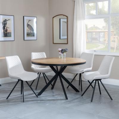 Bronx Industrial Oak Effect 4 Seater Round Dining Set With Spider Legs 4 Boden Cream Fabric Swivel Dining Chair