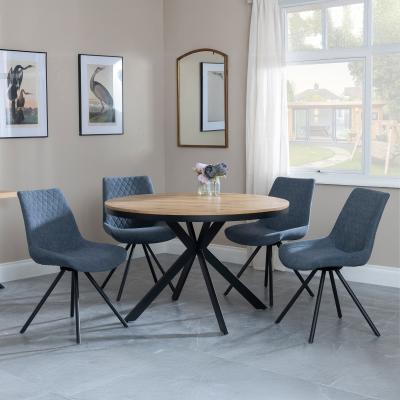 Bronx Industrial Oak Effect 4 Seater Round Dining Set With Spider Legs 4 Boden Dark Grey Fabric Swivel Dining Chair