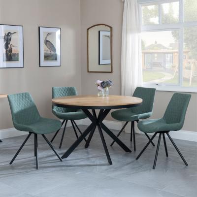 Bronx Industrial Oak Effect 4 Seater Round Dining Set With Spider Legs 4 Boden Green Fabric Swivel Dining Chair