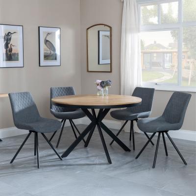 Bronx Industrial Oak Effect 4 Seater Round Dining Set With Spider Legs 4 Boden Grey Fabric Swivel Dining Chair