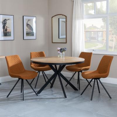 Bronx Industrial Oak Effect 4 Seater Round Dining Set With Spider Legs 4 Boden Orange Fabric Swivel Dining Chair