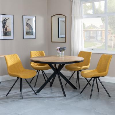 Bronx Industrial Oak Effect 4 Seater Round Dining Set With Spider Legs 4 Boden Yellow Fabric Swivel Dining Chair