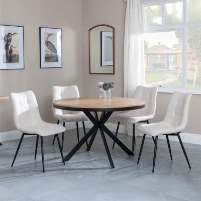 Bronx Industrial Oak Effect 4 Seater Round Dining Set With Spider Legs 4 Corona Beige Fabric Dining Chair